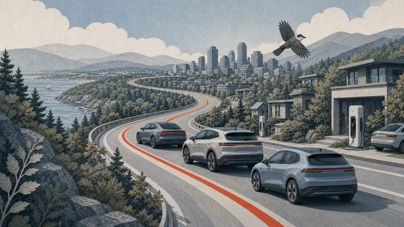 Une nouvelle vague de véhicules électriques suit une route rouge vers une ville canadienne sous un mésangeai du Canada en vol.